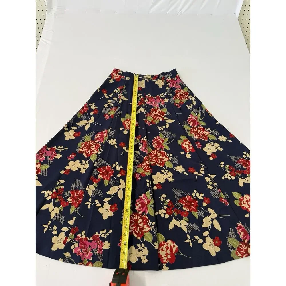 Koret Women’s Small Navy Floral Pleated Midi Skirt High Waist Vintage Style
